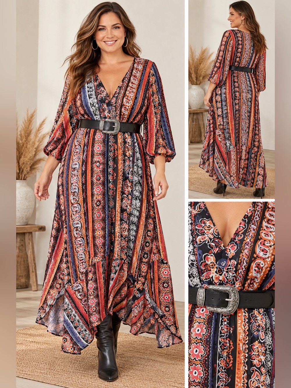 VENUS Women’s SZ 18 Plus Maxi Dress Boho Paisley V Neck Western Belt Long Sleeve